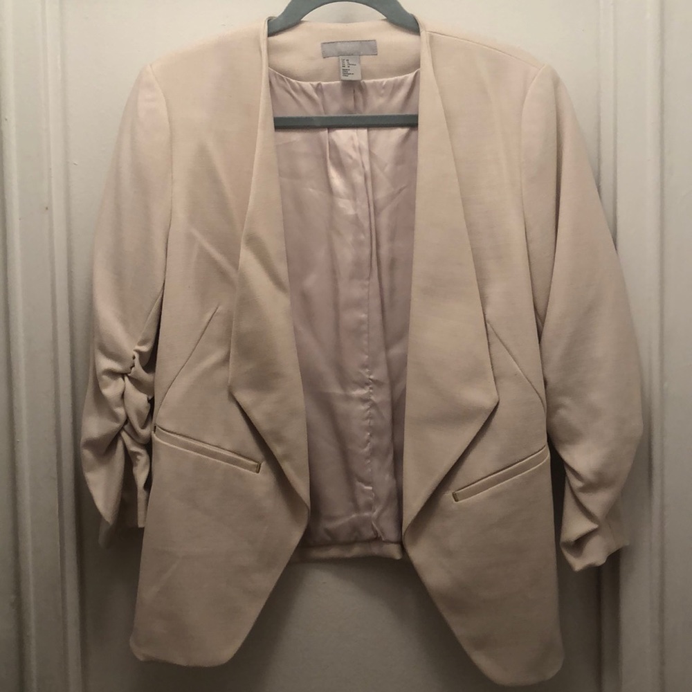 Cream Blazer with Ruched Sleeves